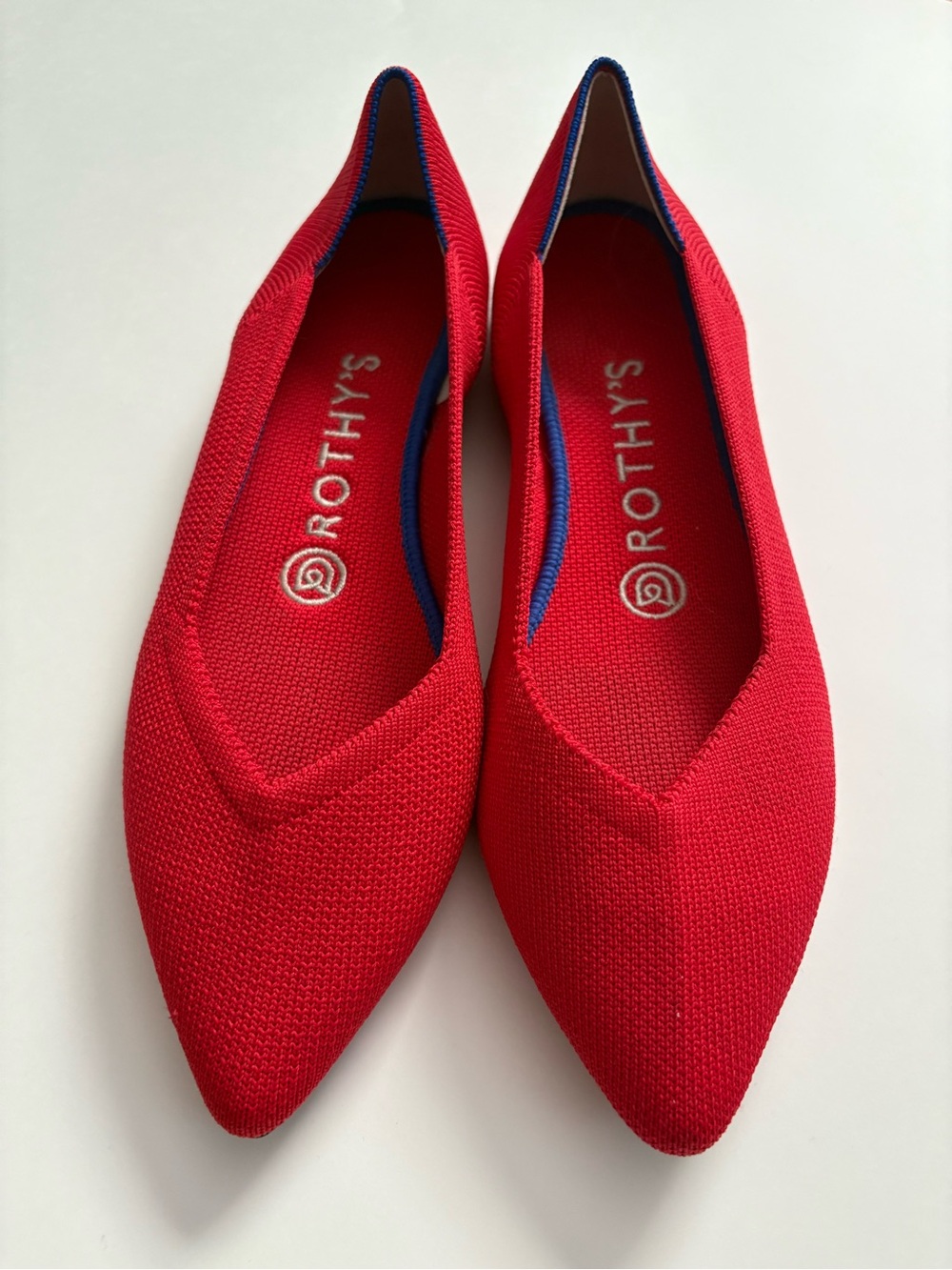 Rothy's Women's Pointed Red Knit Flats with Blue Trim